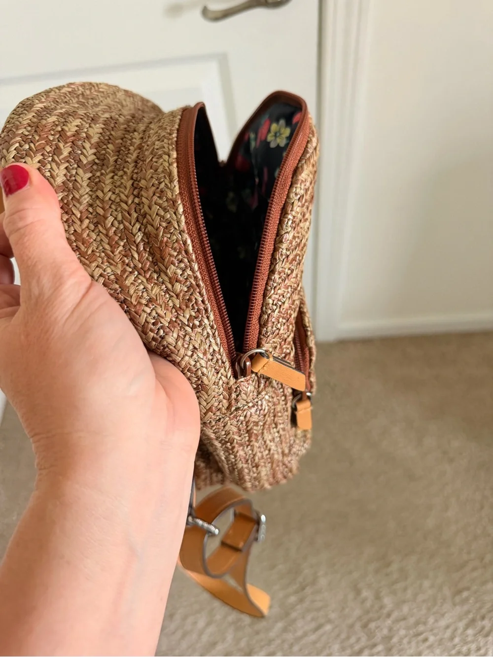 Vera Bradley Brown Straw Mini Backpack with Pink Strawberry Embroidery